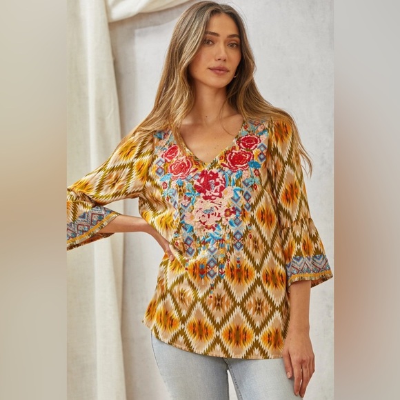 Savanna Jane NWT 1x bohemian floral embroidered pop over top vacation coastal - Picture 2 of 9